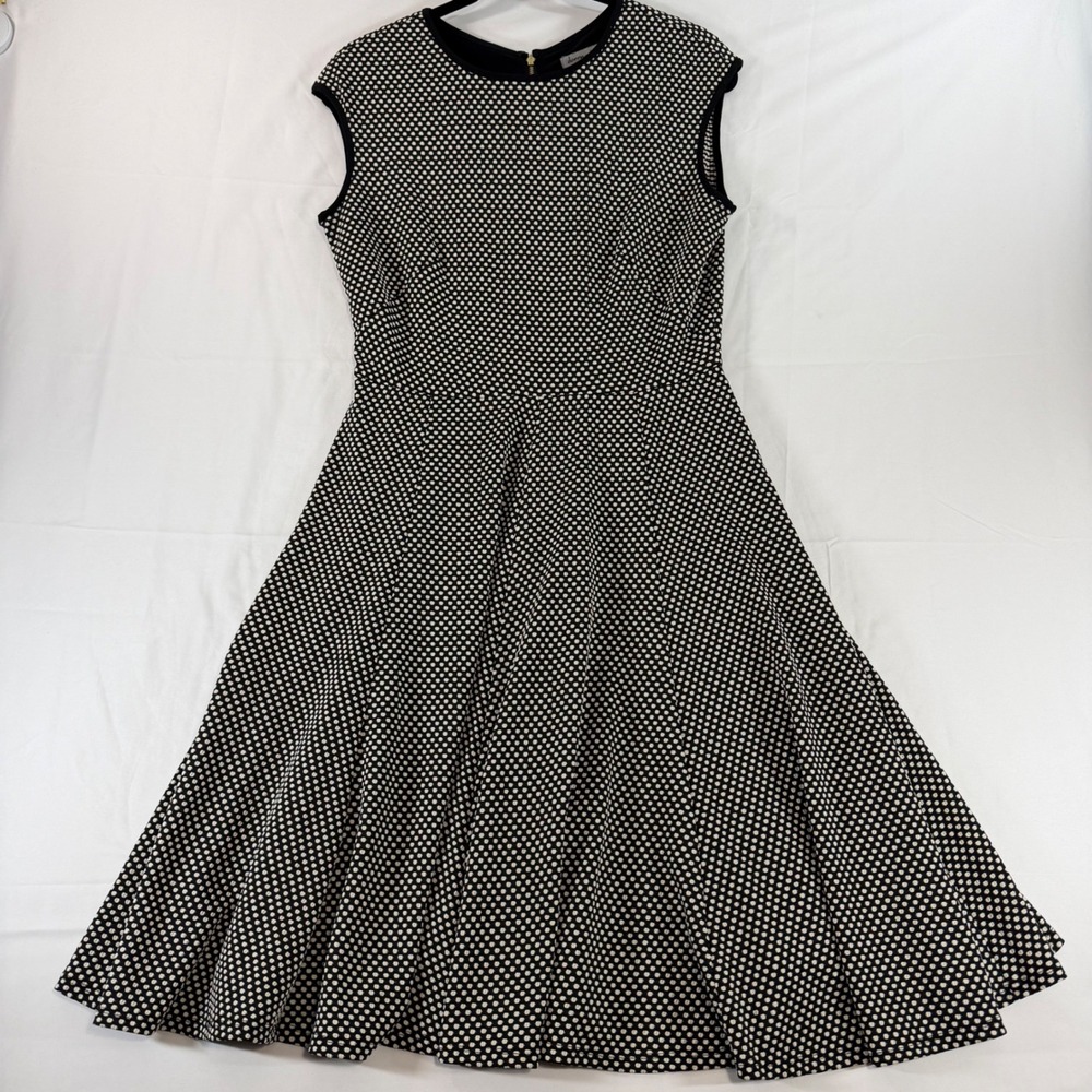 Danny & Nicole Women Black Cream Polka Dot Fit Flare Dress Petite 10P Sleeveless